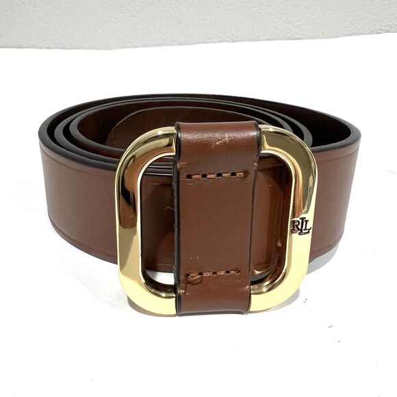 Lauren Ralph Lauren Women\'s Leather Slide Buckle Belt Size L Brown Brass